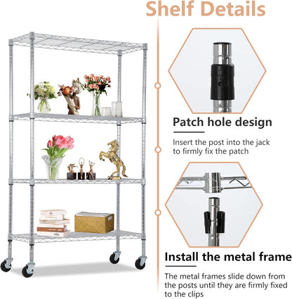 BestOffice 4-Tier Wire Storage Shelves with Wheels - Heavy-Duty Metal, Adjustable Racks | 36x14x62 | Chrome Finish, Holds Up to 500 lbs | Easy No-Tool Assembly for Home & Garage