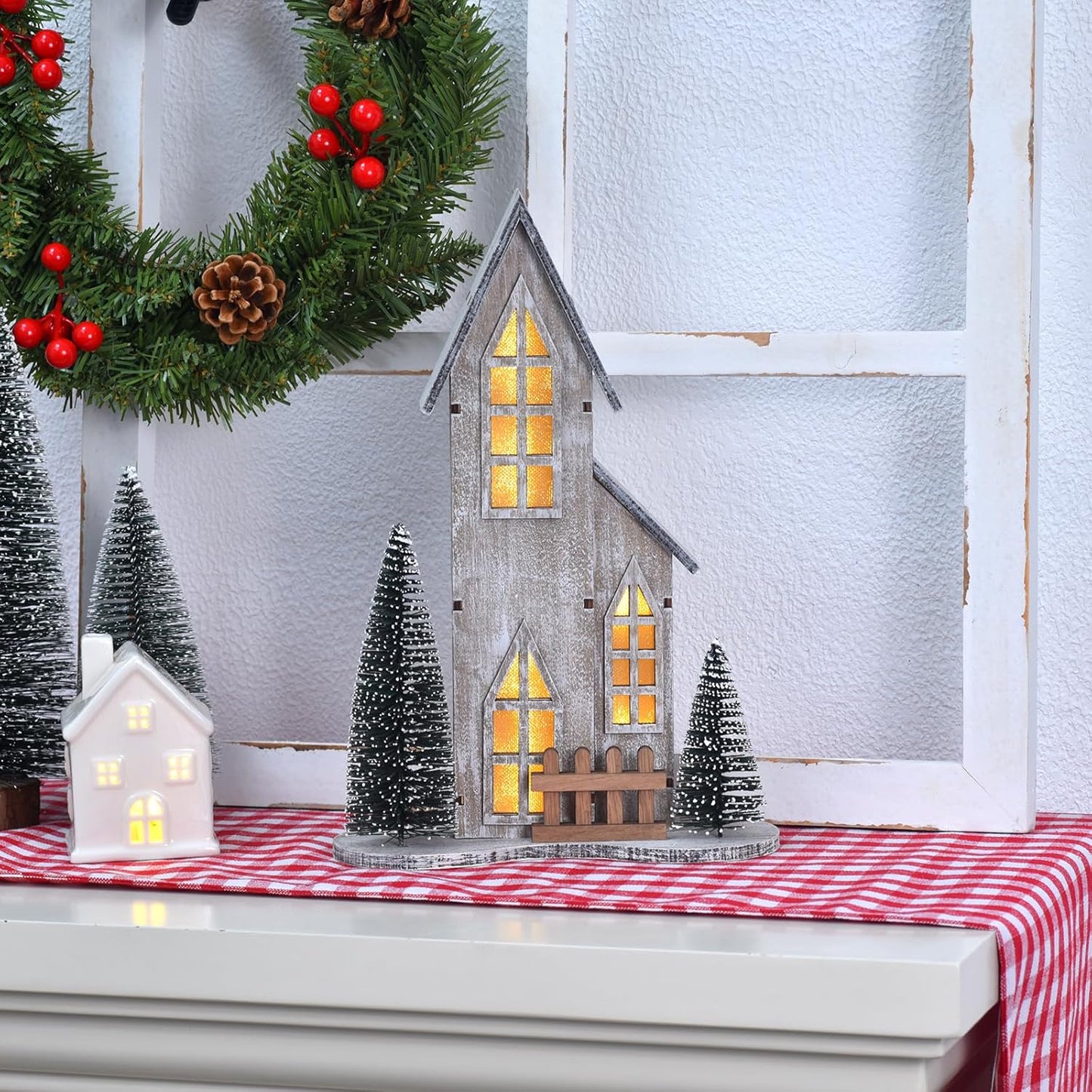 Skiennix Wooden Christmas Village House - LED Lighted Tabletop Decor with Tree | Winter Holiday Centerpiece (Style A)