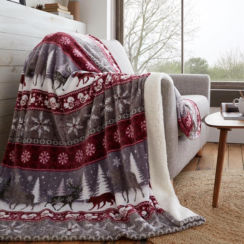 Winter Nordic Reindeer Throw Blanket - Burgundy 51"×67" Fleece, Queen