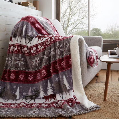 Winter Nordic Reindeer Throw Blanket - Burgundy 51"×67" Fleece, Queen