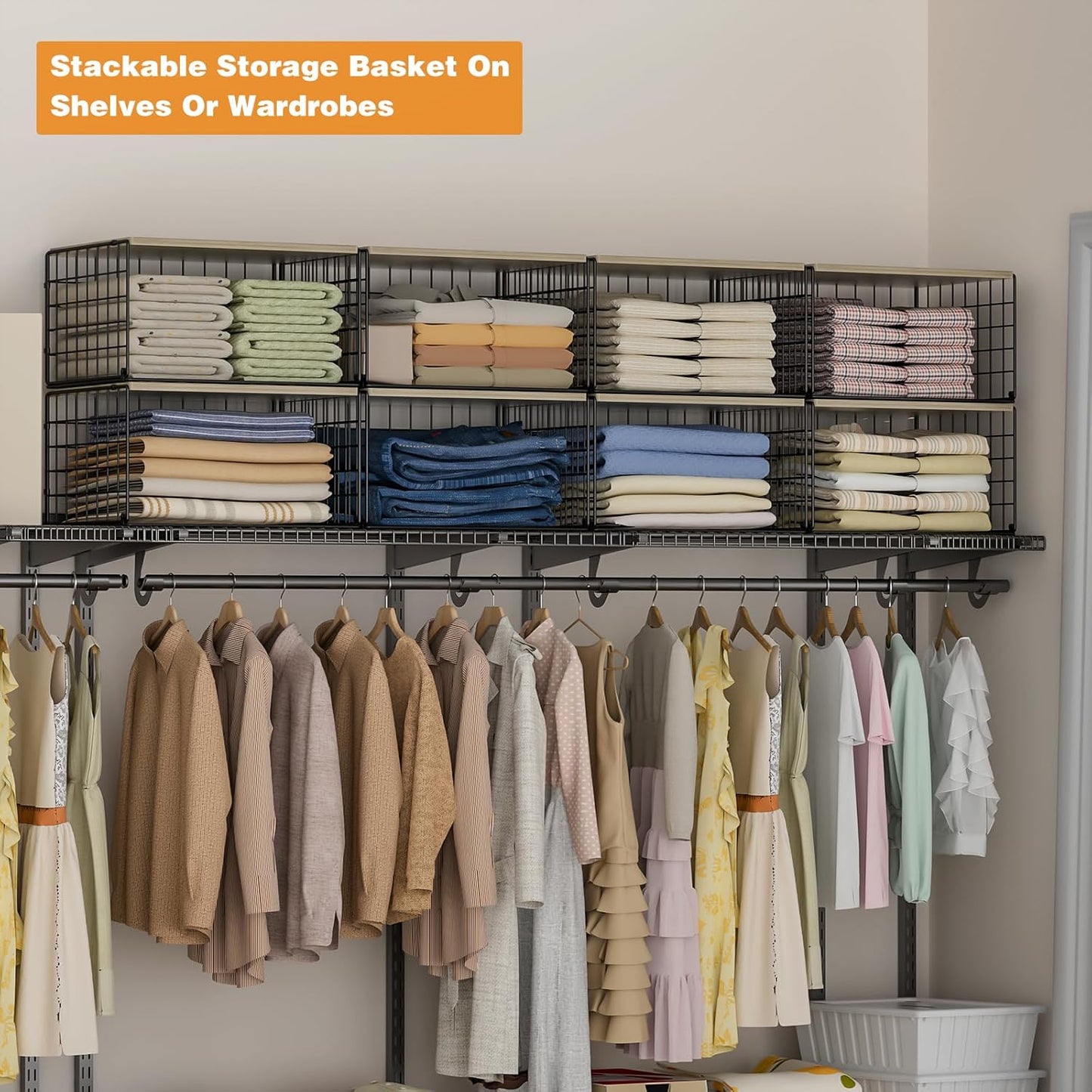 Sturdy Metal Black Closet Organizers - Extra-Long Stackable Shelf Storage with Wood Top | 3 Pack for Space-Saving