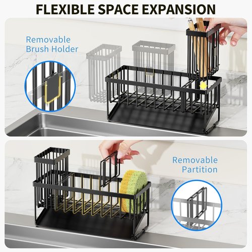 Cisily Kitchen Sink Caddy - Rustproof Sponge Holder with Brush Storage & Self-Draining Tray