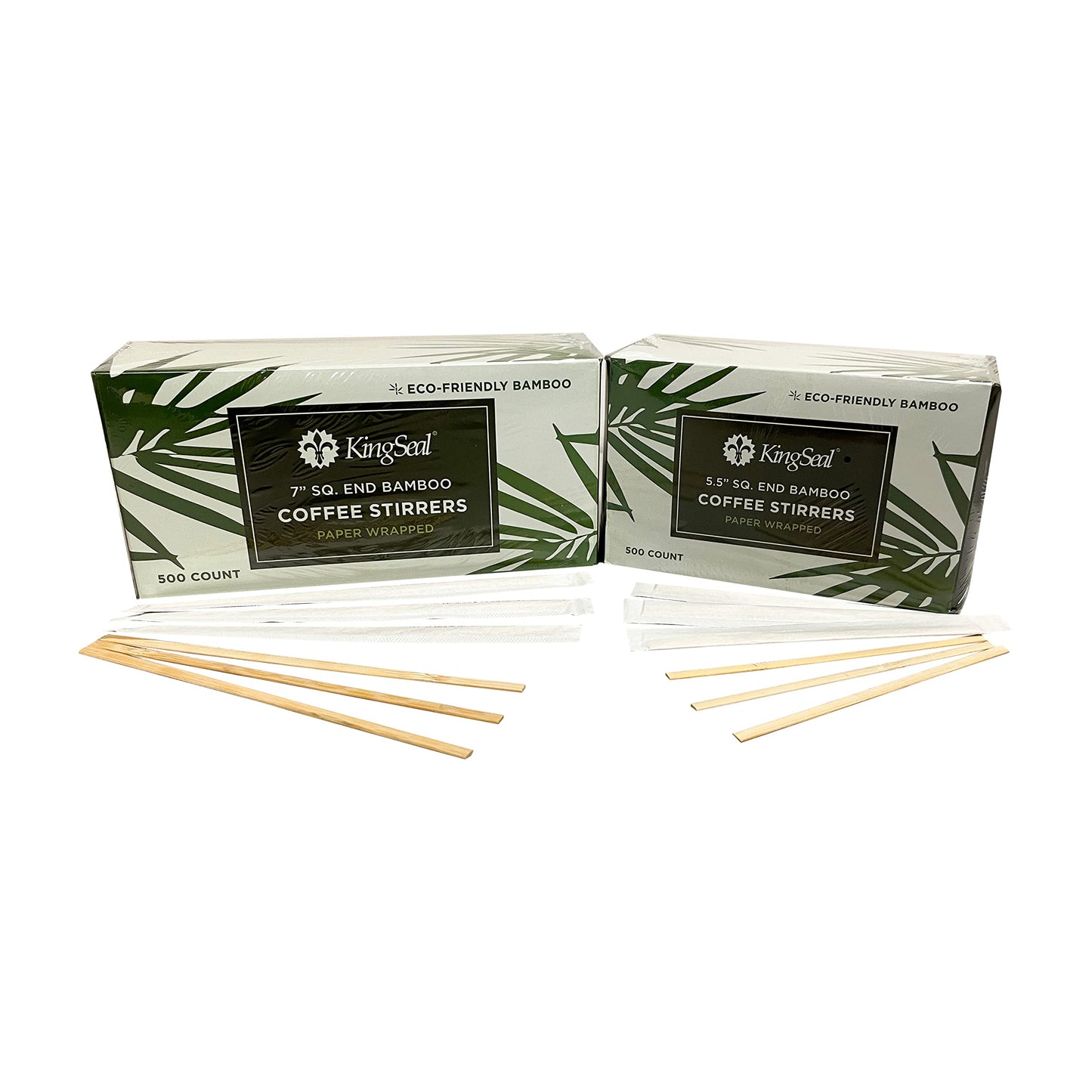 KingSeal Individually Paper Wrapped Bamboo Coffee Stir Sticks, 5.5 inches, Square End, 100% Renewable and Biodegradable - 2 Boxes of 500 Stirrers Each