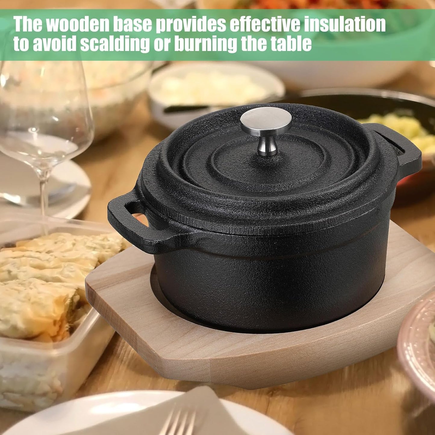 Skiennix 20 oz Dutch Oven Pot - Pre-Seasoned Cast Iron Casserole with Lid & Wooden Base | Heavy-Duty Mini Cocotte in Black