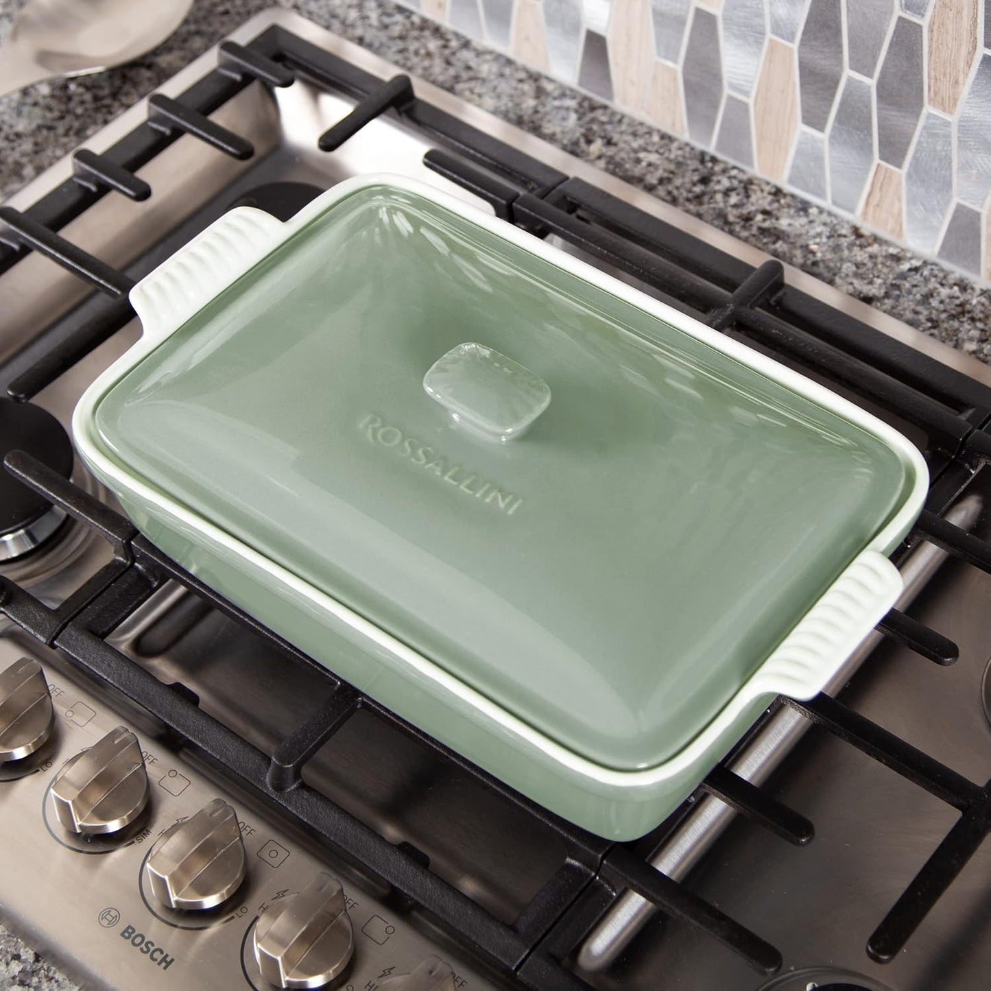 ROSSALLINI Stoneware Casserole Dish Set - Extra Large 4.23 Quart with Lid | 13x9 Inch in Verde Salvia (Sage Green)