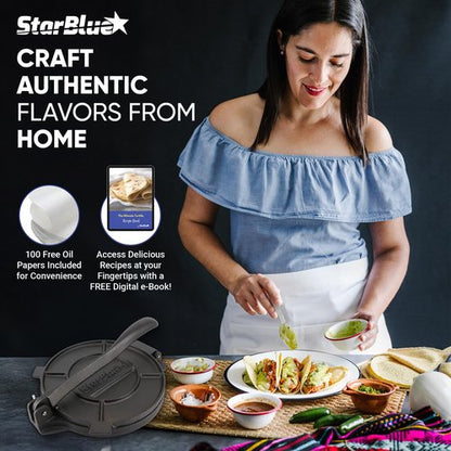10 Inch Cast Iron Tortilla Press by StarBlue with FREE 100 Pieces Oil Paper and Digital Recipes e-book - Tool to make Indian style Chapati, Flour Tortilla, Roti