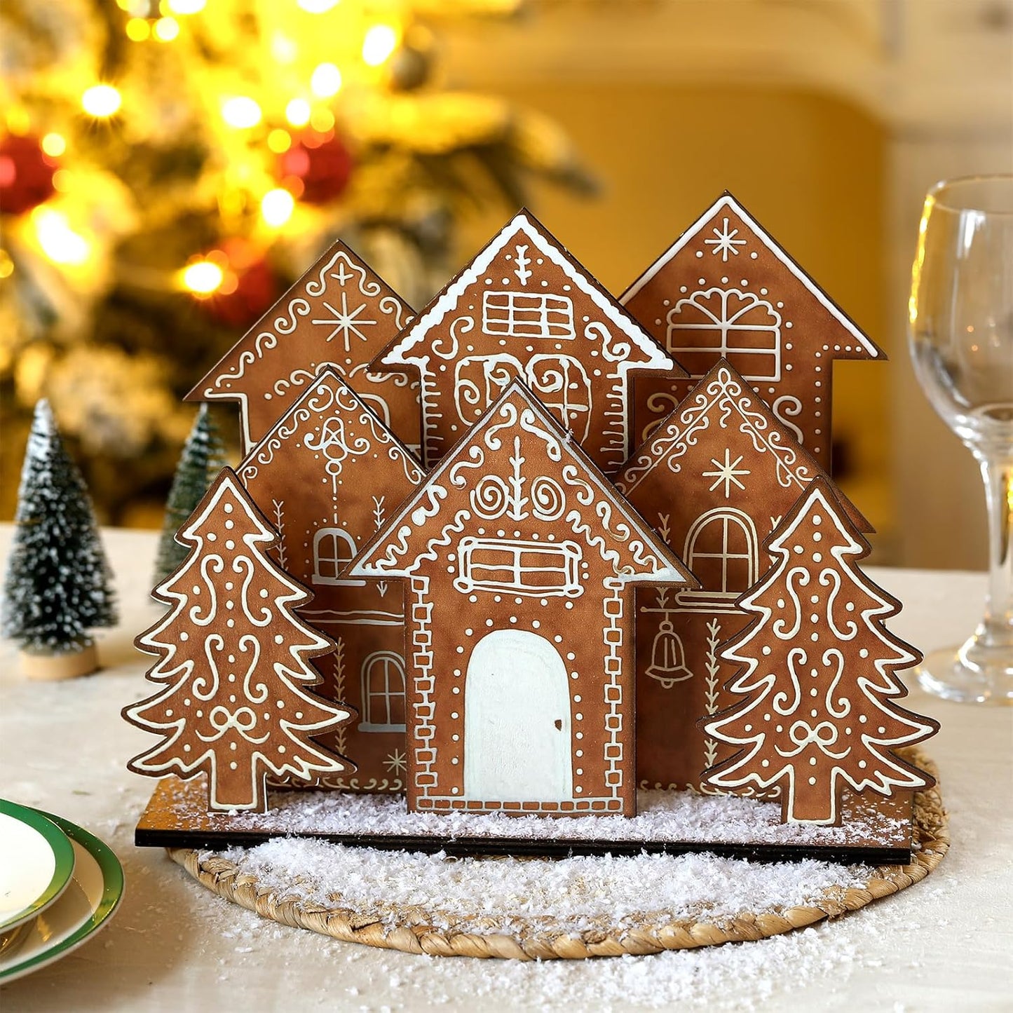 Threehoney Christmas Gingerbread House Decor - 8 Pcs Wooden Table Centerpiece for Holiday Cheer