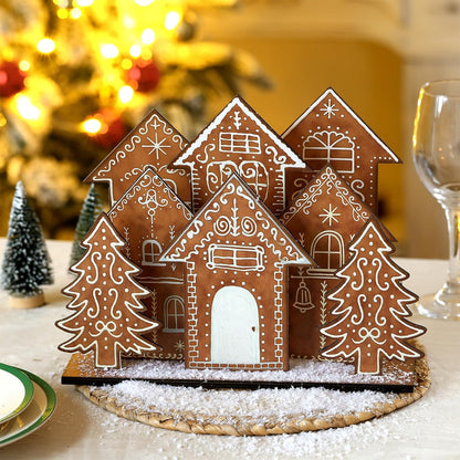 Threehoney Christmas Gingerbread House Decor - 8 Pcs Wooden Table Centerpiece for Holiday Cheer