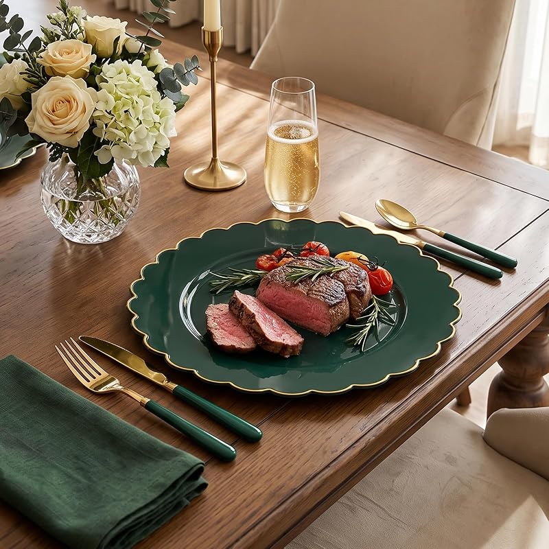 Green Gold 9 Inch Heavy-Duty Christmas Plates - Disposable Scalloped Plastic (Variation: Green Gold)
