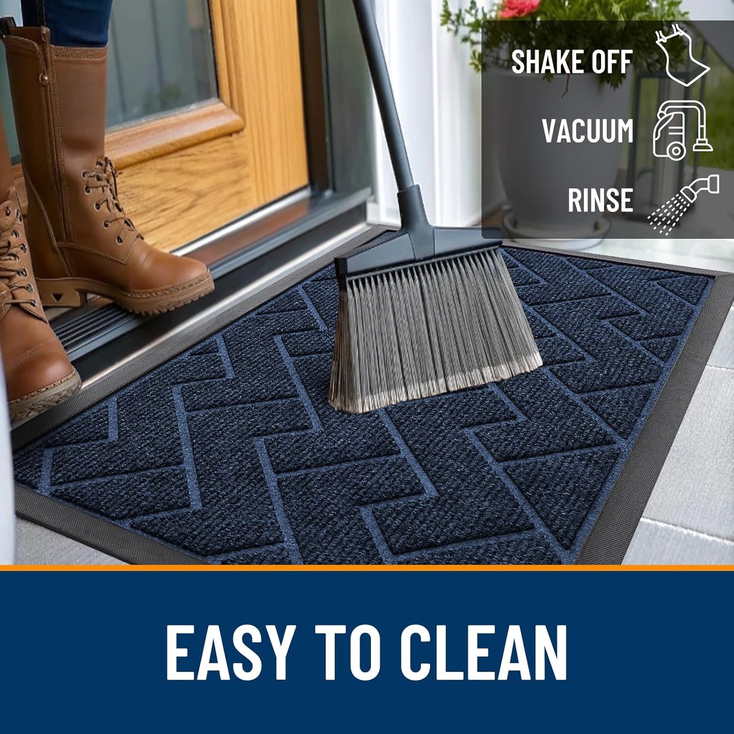OLANLY Waterproof Front Door Mat - All-Weather Herringbone Design | Easy Clean, Low Profile, Blue (29.5x17)
