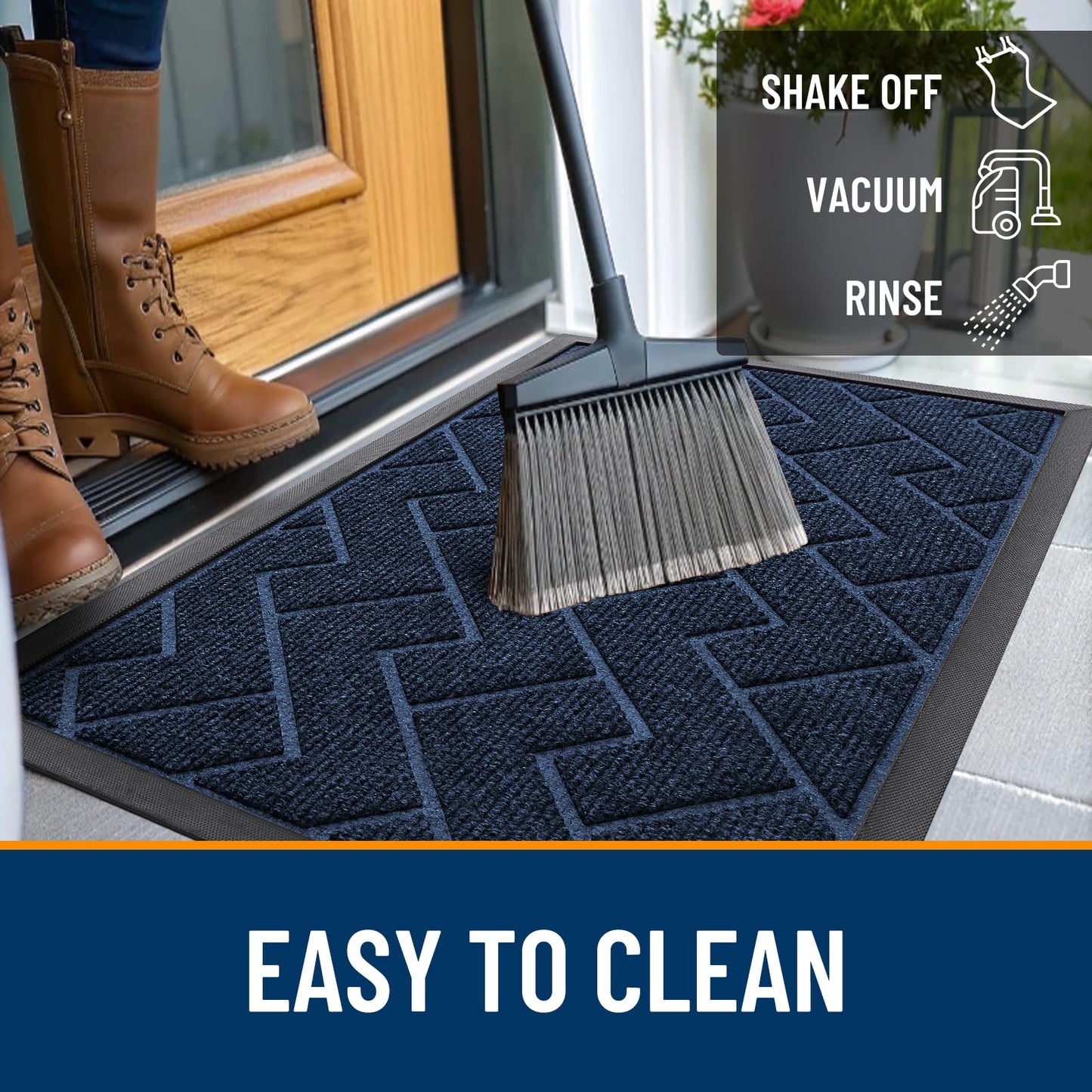 OLANLY Front Door Mat Indoor Outdoor Entrance, Waterproof All-Season, All-Weather Doormat, Sturdy Natural Rubber, Low Profile, Easy Clean Patio Porch Entryway Mat, Herringbone Brick (Blue, 36x24)
