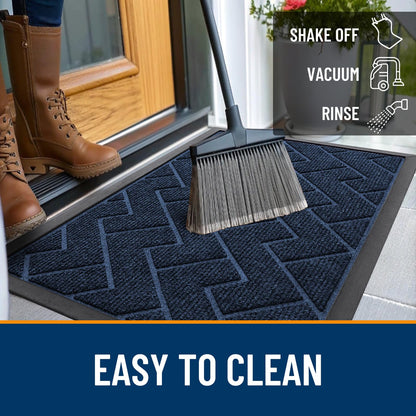 OLANLY Front Door Mat Indoor Outdoor Entrance, Waterproof All-Season, All-Weather Doormat, Sturdy Natural Rubber, Low Profile, Easy Clean Patio Porch Entryway Mat, Herringbone Brick (Blue, 36x24)