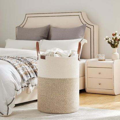 VIPOSCO Tall Laundry Basket, Large Dirty Clothes Hamper with Leather Handle, Woven Rope Storage Basket for Blanket, Toy In Living Room, Bathroom, Bedroom - 100L White & Brown