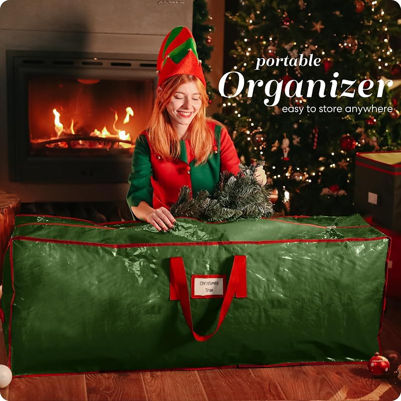 Christmas Tree Storage Bag for 9 ft - Durable Waterproof Tote with Dual Zippers & Handles (Green) - Includes Space for Accessories