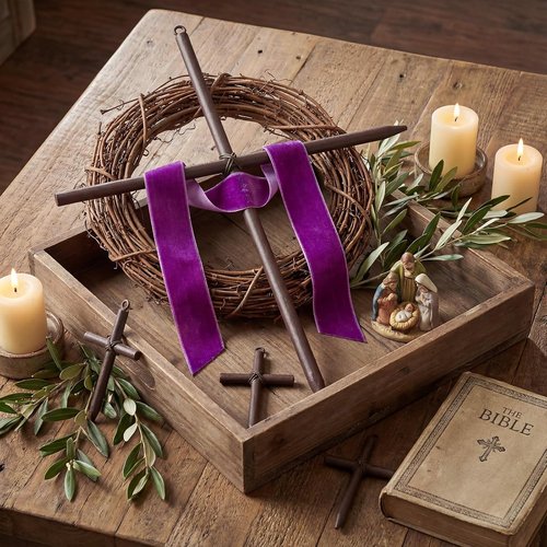 Dingion Mini Crown of Thorns Nail Cross Wreath Decor - 7in Purple Velvet Ribbon for Easter & Lent