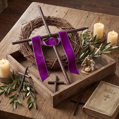 Dingion Mini Crown of Thorns Nail Cross Wreath Decor - 7in Purple Velvet Ribbon for Easter & Lent