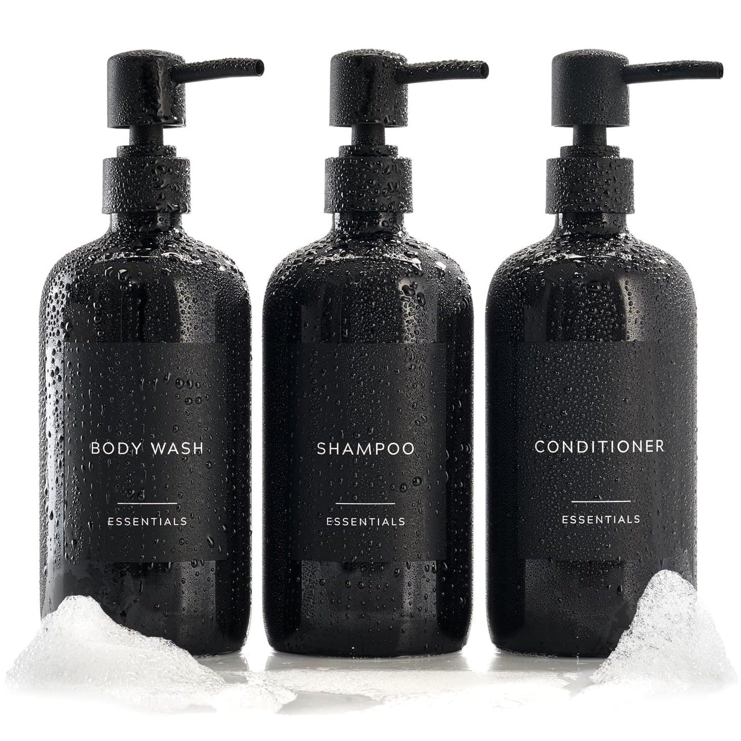 Stylish Shampoo and Conditioner Dispenser Set - Modern 21oz Black Shower Soap Bottles with Pump & Labels