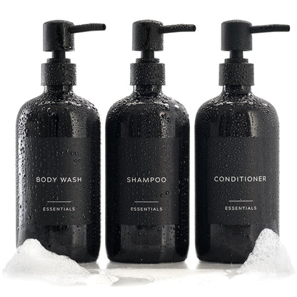 Stylish Shampoo and Conditioner Dispenser Set - Modern 21oz Black Shower Soap Bottles with Pump & Labels