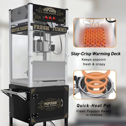 Skiennix 20 Oz Popcorn Machine Cart - Sleek Black Popcorn Maker with Storage Stand & Wheels