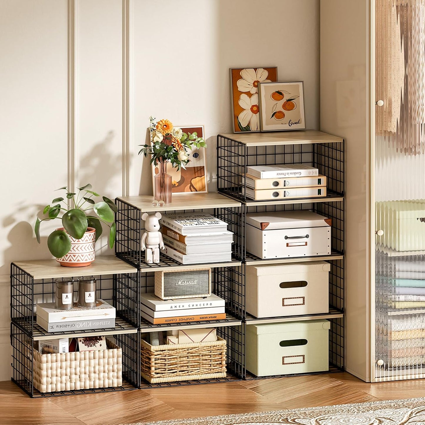 Sturdy Metal Black Closet Organizers - Extra-Long Stackable Shelf Storage with Wood Top | 3 Pack for Space-Saving