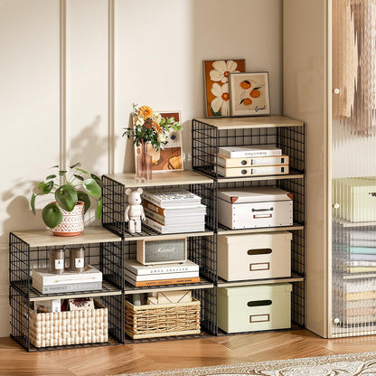 Sturdy Metal Black Closet Organizers - Extra-Long Stackable Shelf Storage with Wood Top | 3 Pack for Space-Saving