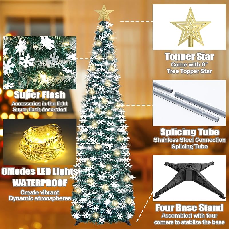 5 ft Pop Up Christmas Tree with Lights – Collapsible Tinsel Pencil Tree with Snowflake Ornaments