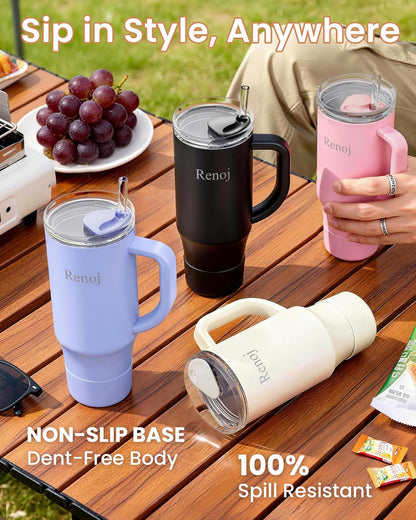 Renoj Insulated Mug | 100% Spill Resistant Water Bottle for Iced Coffee & Hot Drinks - 32 oz FlexSlide Blue, Fits Car Cup Holder, Includes 2 Straws & Silicone Boot