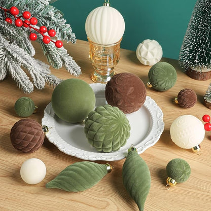 52 Pcs Velvet Christmas Ornaments Set - Flocked Shatterproof Balls, Brown Cream Green (Variation of THIS listing)