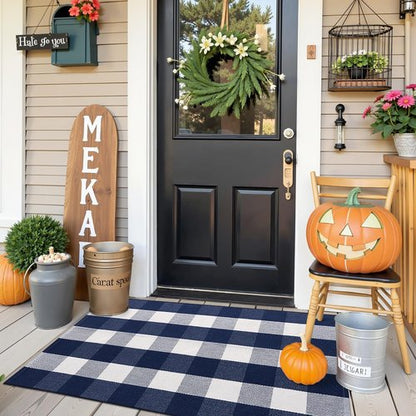 OLANLY Buffalo Plaid Rug 2'4" x 3'7" (27.5" x 43") – Navy and White Cotton Checkered Doormat, Washable Indoor Outdoor Rug for Layered Front Porch, Kitchen, Entryway Decor