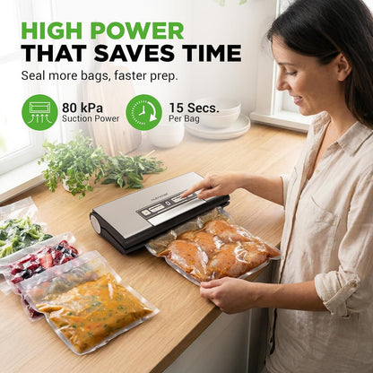 NutriChef Vacuum Sealer Machine - 80kPa Food Sealer with Cutter & Bag Storage | Includes 1 Bag Roll & 5 Vacuum Bags