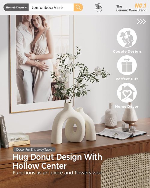 Hug Donut Decorative Vase Set - Modern Nordic Boho Style Matte Ceramic Vases for Home Decor | Cream White