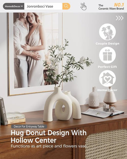 Hug Donut Decorative Vase Set - Modern Nordic Boho Style Matte Ceramic Vases for Home Decor | Cream White