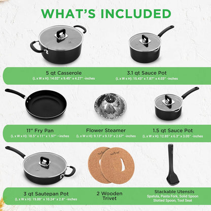 NutriChef 17-Piece Non-Stick Cookware Set - Induction-Compatible, Space-Saving Design, Black with Heat-Resistant Utensils