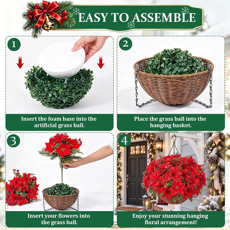 Artificial Velvet Poinsettia Hanging Baskets Outdoor 2-Pack - Red & Green