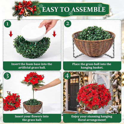Artificial Velvet Poinsettia Hanging Baskets Outdoor 2-Pack - Red & Green