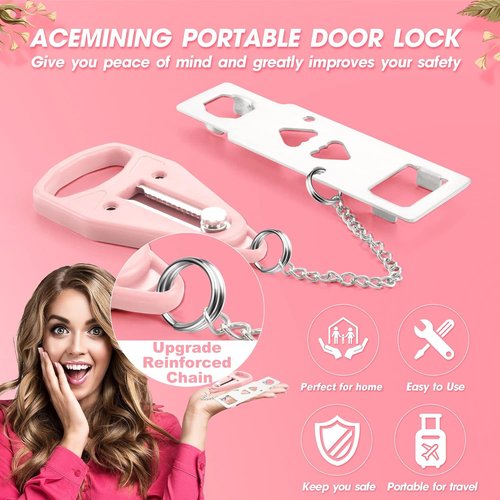 AceMining Portable Door Lock - Home Security Solution for Travel & Privacy | Pink (1 Pack)