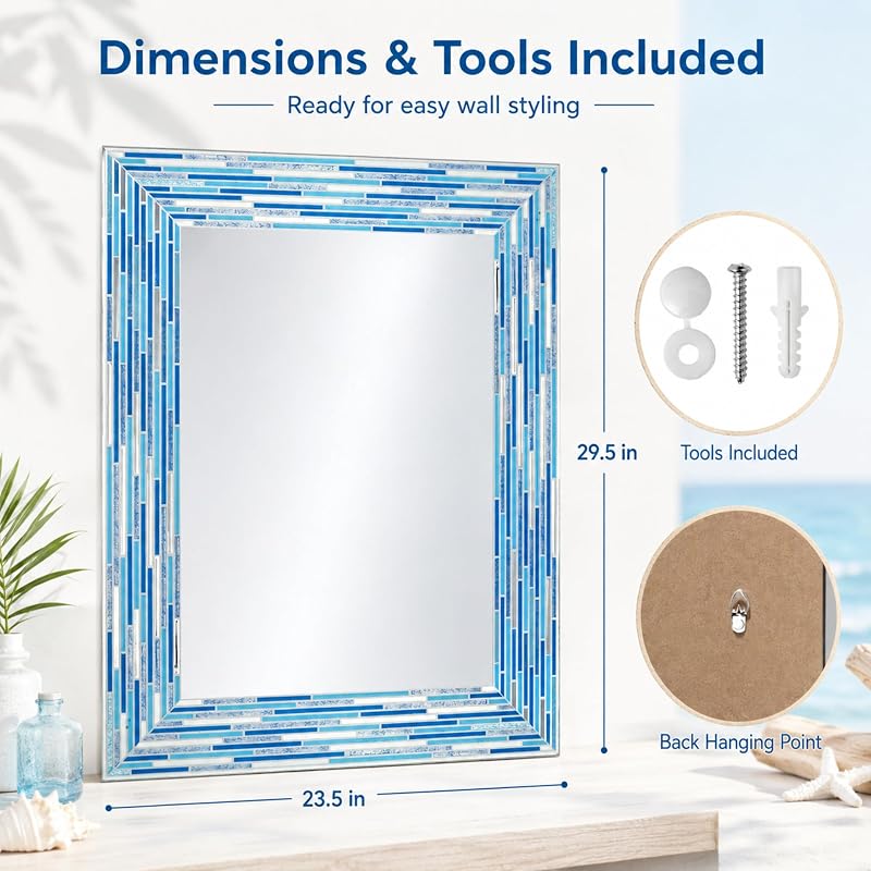Head West Blues2 24 x 30 Frameless Mosaic Vanity Mirror - Reeded Tile-Print Rectangle Wall Mirror