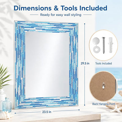 Head West Blues2 24 x 30 Frameless Mosaic Vanity Mirror - Reeded Tile-Print Rectangle Wall Mirror