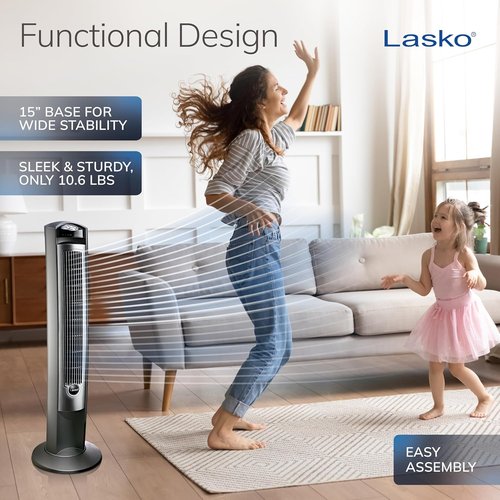 Lasko Oscillating Tower Fan - Quiet 42" Floor Fan with Remote Control for Bedroom - Silver T42951