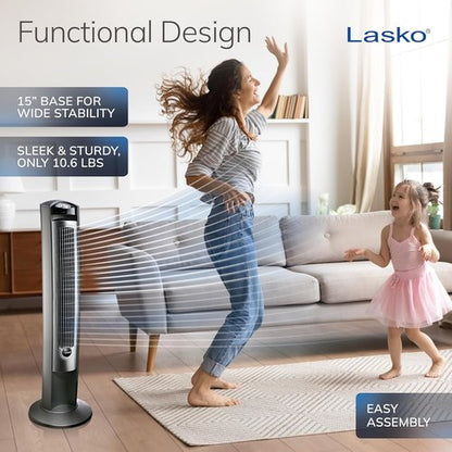 Lasko Oscillating Tower Fan - Quiet 42" Floor Fan with Remote Control for Bedroom - Silver T42951
