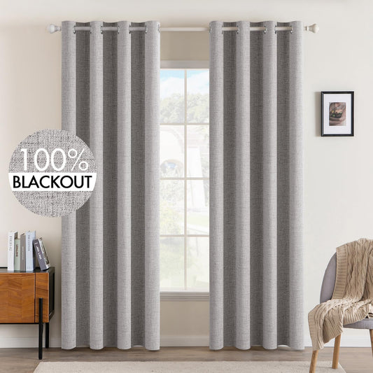MIULEE Blackout Curtains - 100% Thermal Insulated Light Gray Linen Texture Drapes | 52x96 Inch (2 Panels)