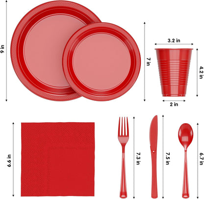 Regine Switzerland 350 Pcs Red Plastic Plates Set - Complete Disposable Dinnerware for Parties | 9" & 7" Plates, Cups, Napkins & Cutlery