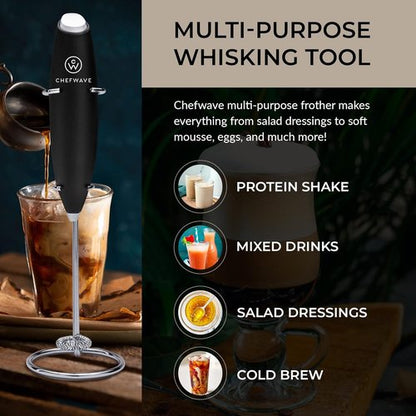 Chefwave | Powerful electric milk frother with stand | Milk frother handheld drink mixer and matcha whisk| BATTERIES INCLUDED! drink mixer handheld | Hand frother, electric stirrer coffee mixer wand