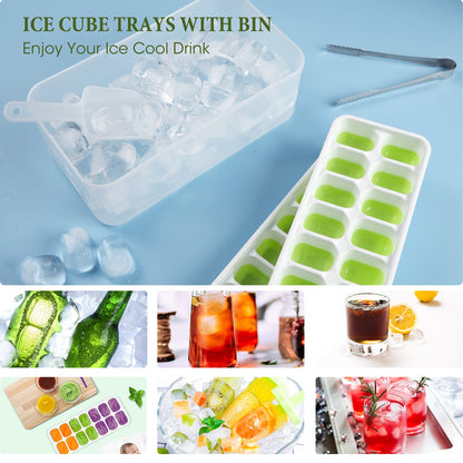 DOQAUS Ice Cube Tray with Lid and Bin, 3 Pack Silicone Plastic Ice Cube Trays for Freezer with Ice Box, Ice Trays with Ice Container, Stackable Ice Tray with Storage Ice Bucket,Ice Tong,Ice Scoop