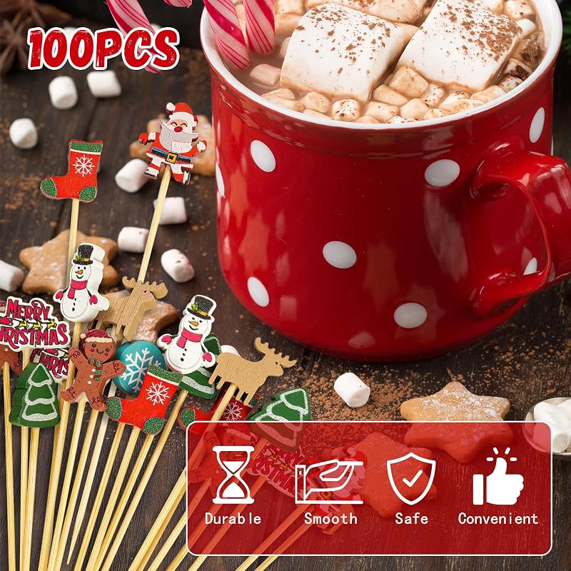 Christmas Theme Cocktail Picks 100 Pcs Bamboo Toothpicks 4.7" - Snowman, Tree & Santa