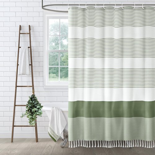 XOGUIBO Sage Green Shower Curtain Cotton Boho Striped Shower Curtains for Bathroom with Tassel 72 X 72