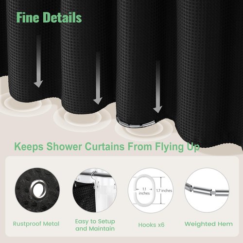 Dynamene Stall Shower Curtain and Liner Set - 36 x 72 inch Half Waffle Fabric, Narrow Waterproof Clear Liner, Heavy Duty Weighted Hotel Luxury Cloth Shower Curtains for Bathroom with 6 Hooks, Black