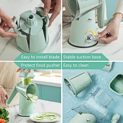 PDAENLKY Rotary Cheese Grater with Handle 5 in 1 Cheese Grater Hand Crank Cheese Shredder with Strong Suction Base Kitchen Vegetable Slicer with 5 Interchangeable Blades, Storage Box, Green