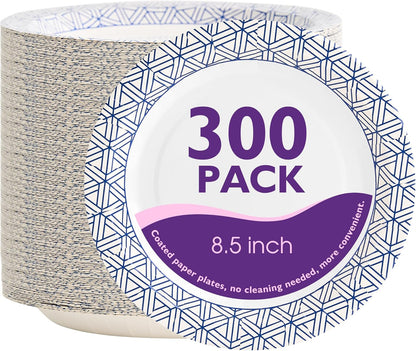 Regine Switzerland Disposable Paper Plates - Heavy Duty 8.5 Inch, Soak Proof, 300 Count for Parties & Picnics