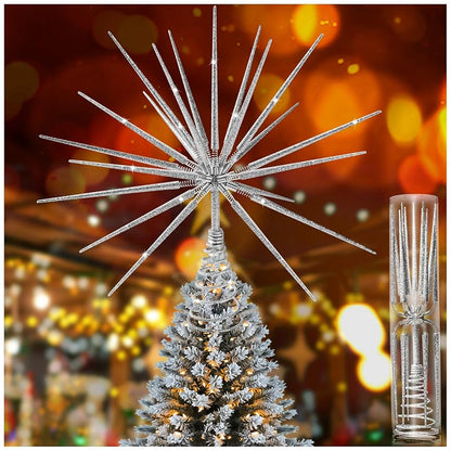 Silver Christmas Tree Topper 13.7 Inch – Exploding Star Burst, Two-Piece Base
